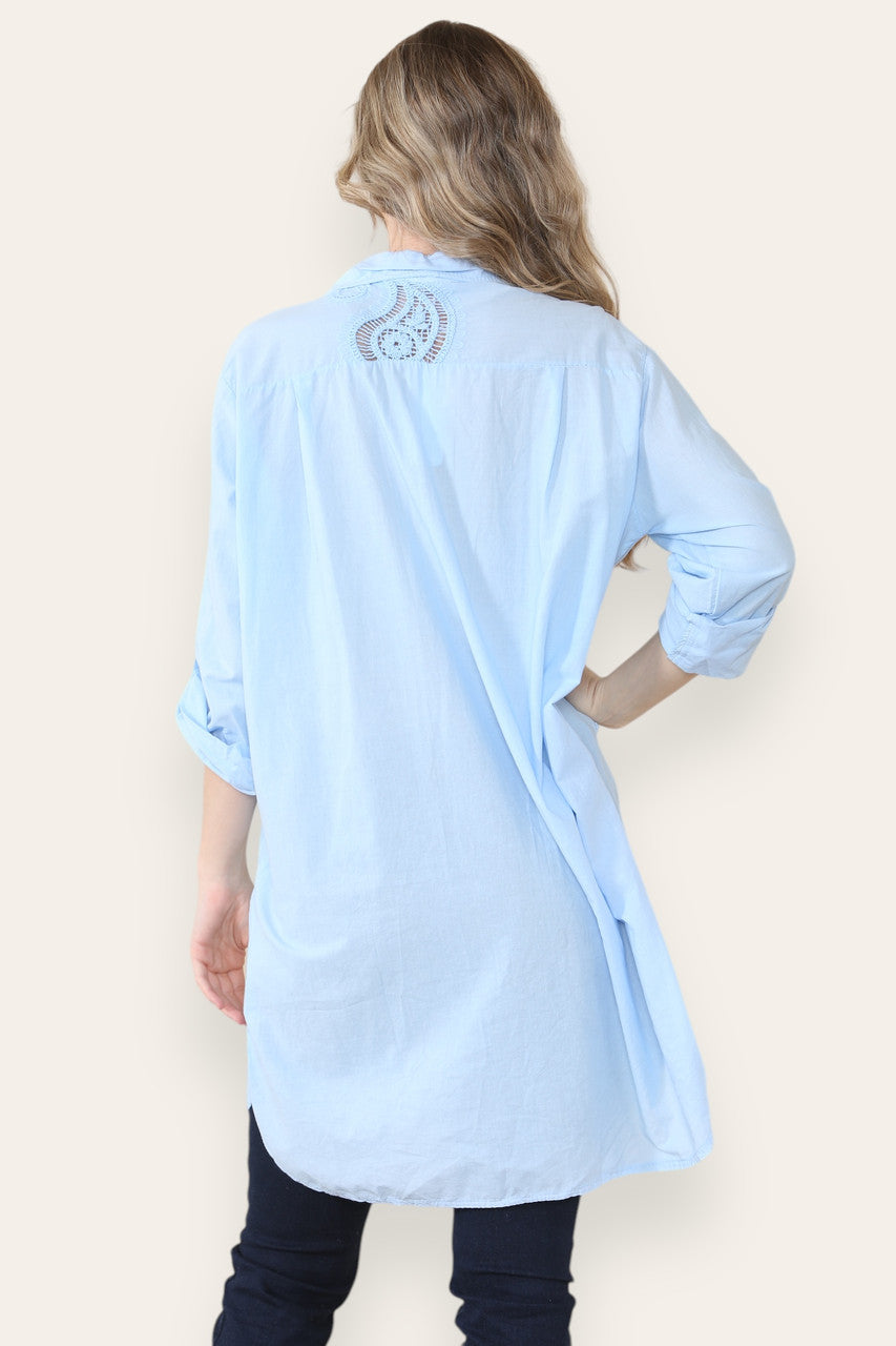 PAISLEY ANGLAISE BORDUURWERK PATROON OVERHEMD TUNIEK TOP LICHTBLAUW