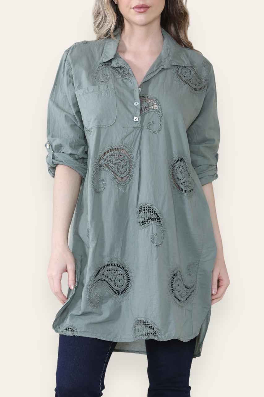 PAISLEY ANGLAISE BRODERIE PATTERN SHIRT TUNIC TOP KHAKI