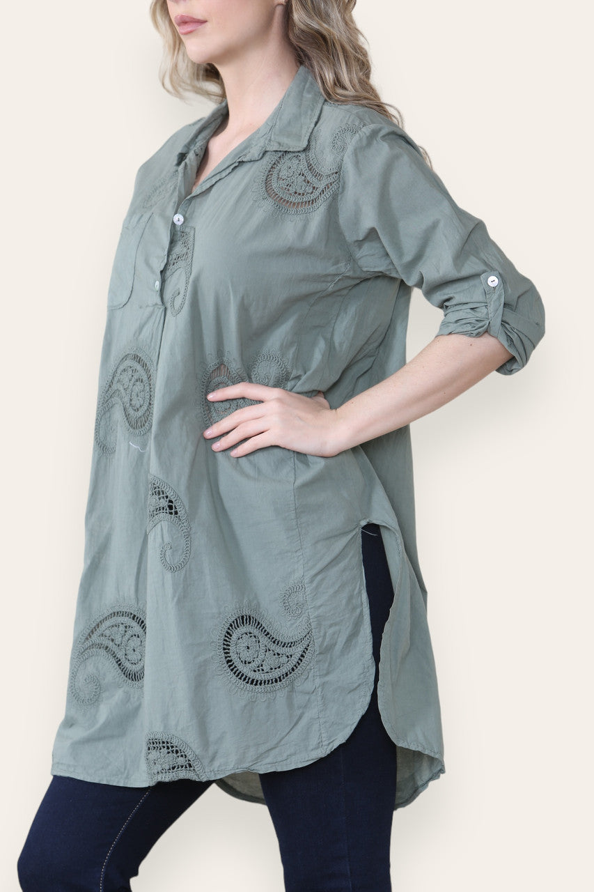 PAISLEY ANGLAISE BRODERIE PATTERN SHIRT TUNIC TOP KHAKI