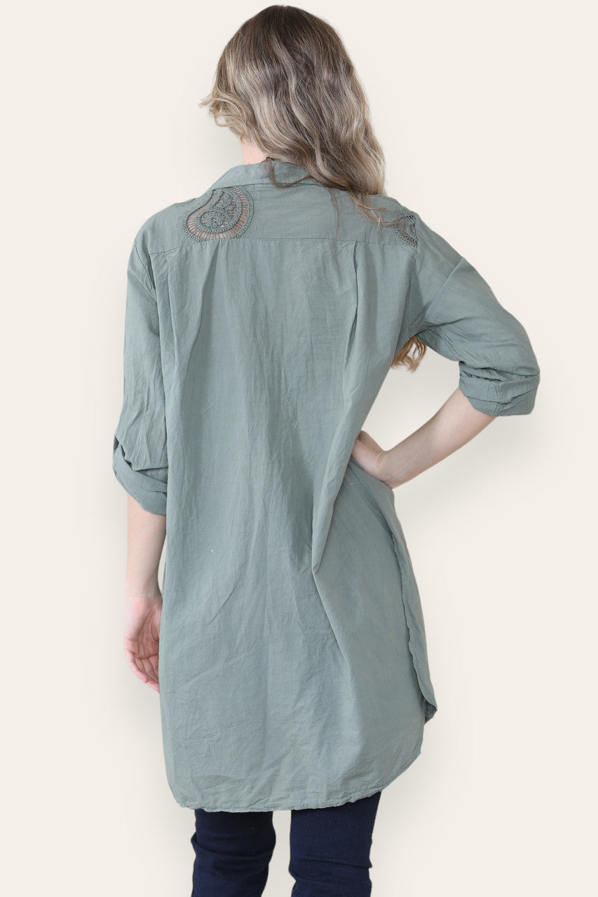 PAISLEY ANGLAISE BRODERIE PATTERN SHIRT TUNIC TOP KHAKI