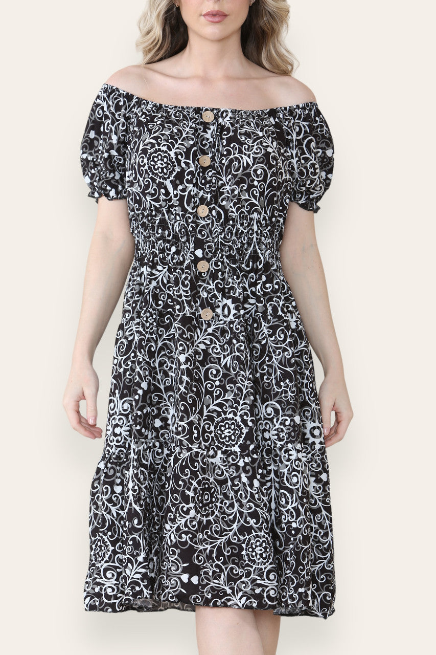 SWIRL PRINT MIDI DRESS BLACK