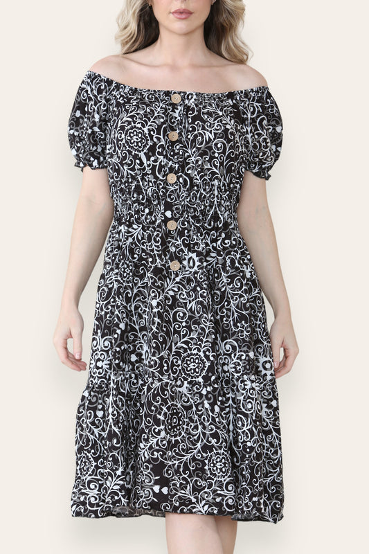 MIDI-JURK MET SWIRL-PRINT ZWART