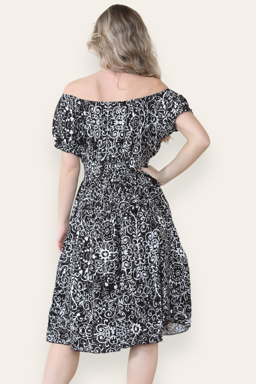 SWIRL PRINT MIDI DRESS BLACK