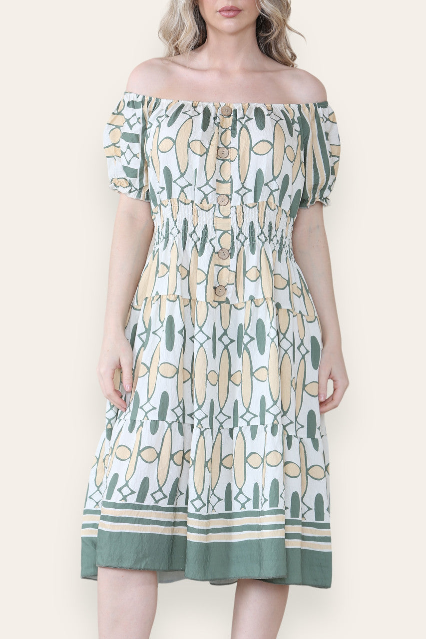 ART DECO PRINT MIDI MAGIC DRESS KHAKI