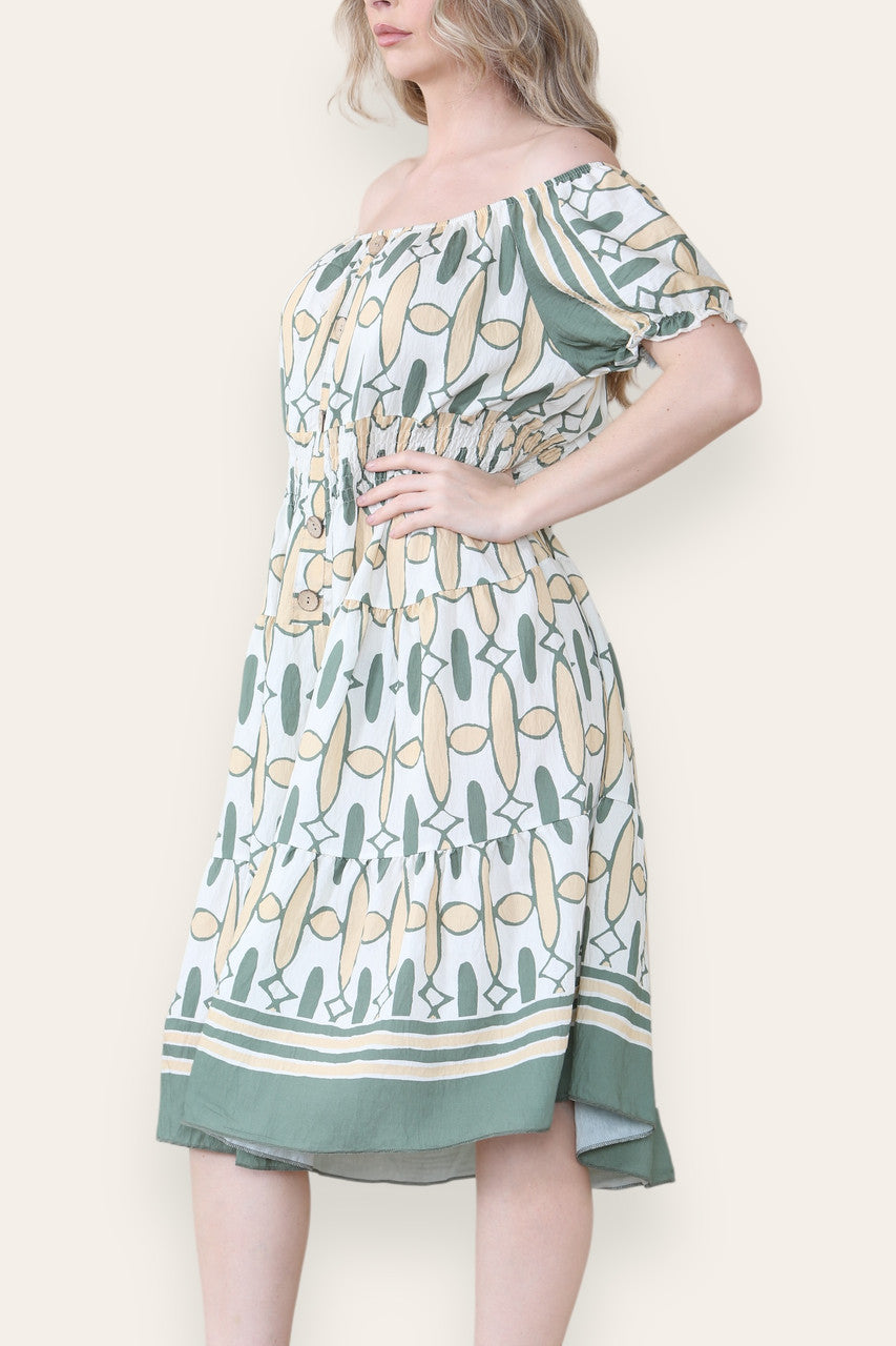 ART DECO PRINT MIDI MAGIC DRESS KHAKI