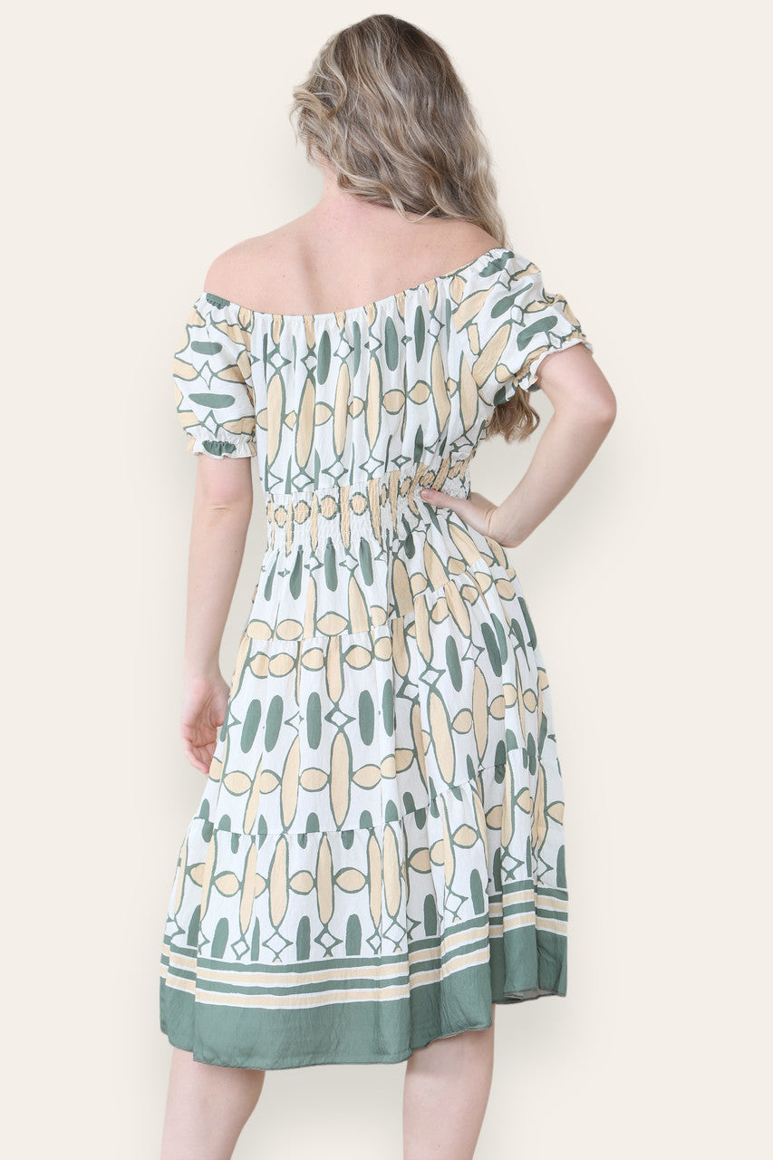 ART DECO PRINT MIDI MAGIC DRESS KHAKI