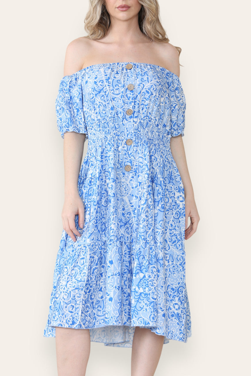 SWIRL PRINT MIDI DRESS LIGHT BLUE