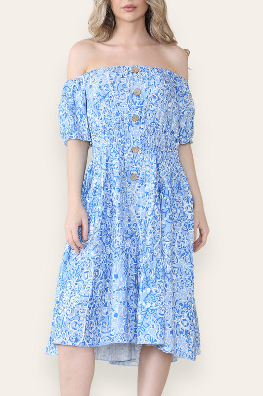 MIDI JURK MET SWIRLPRINT LICHTBLAUW