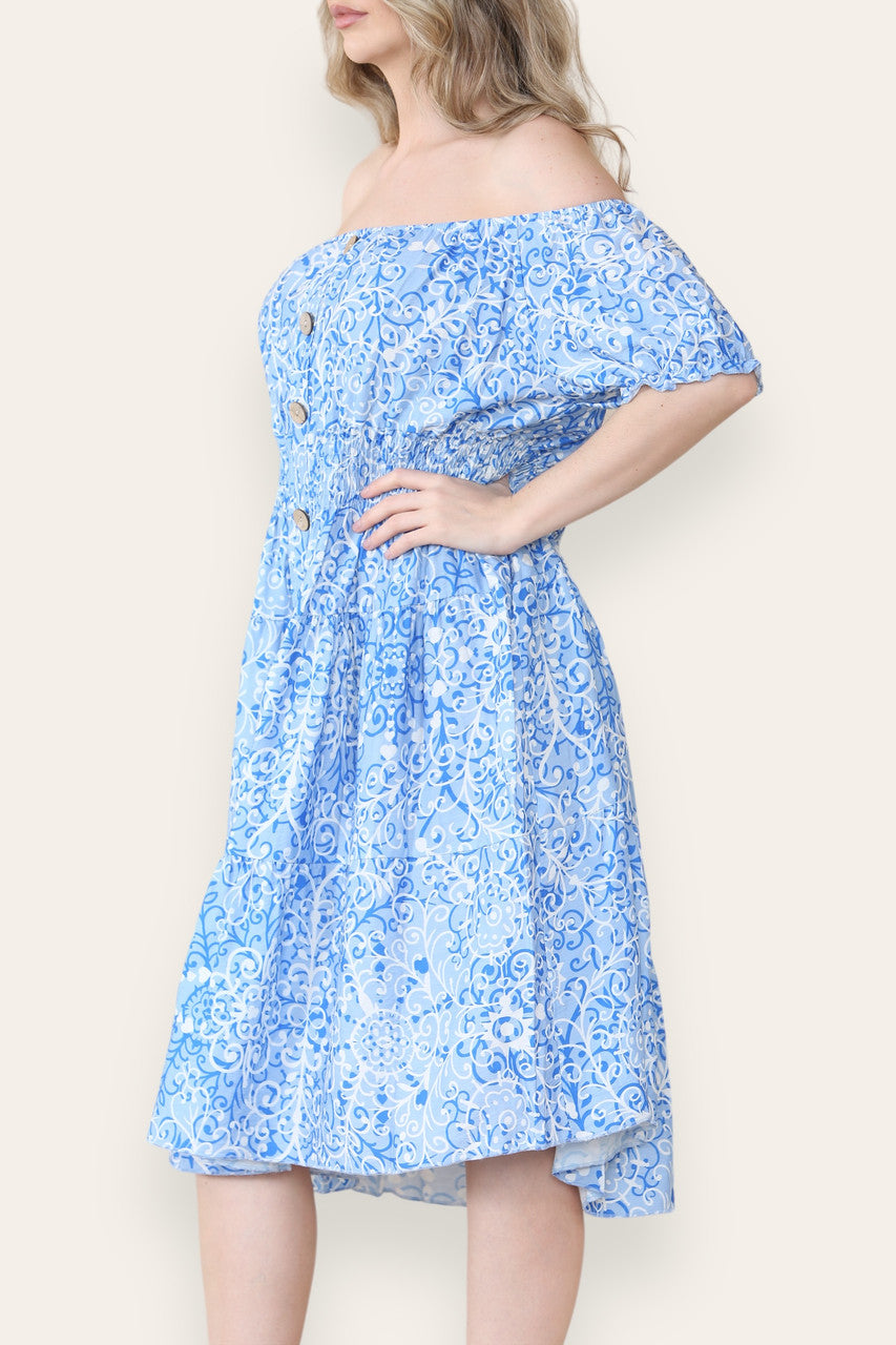 SWIRL PRINT MIDI DRESS LIGHT BLUE