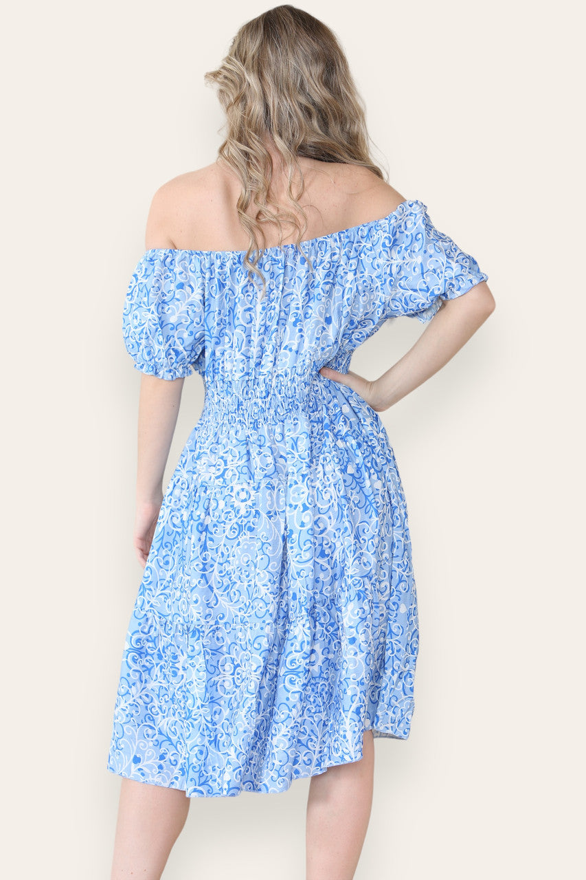 SWIRL PRINT MIDI DRESS LIGHT BLUE