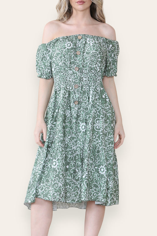 MIDI JURK MET SWIRL PRINT KHAKI