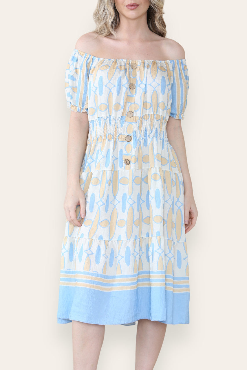 ART DECO PRINT MIDI MAGIC JURK LICHTBLAUW