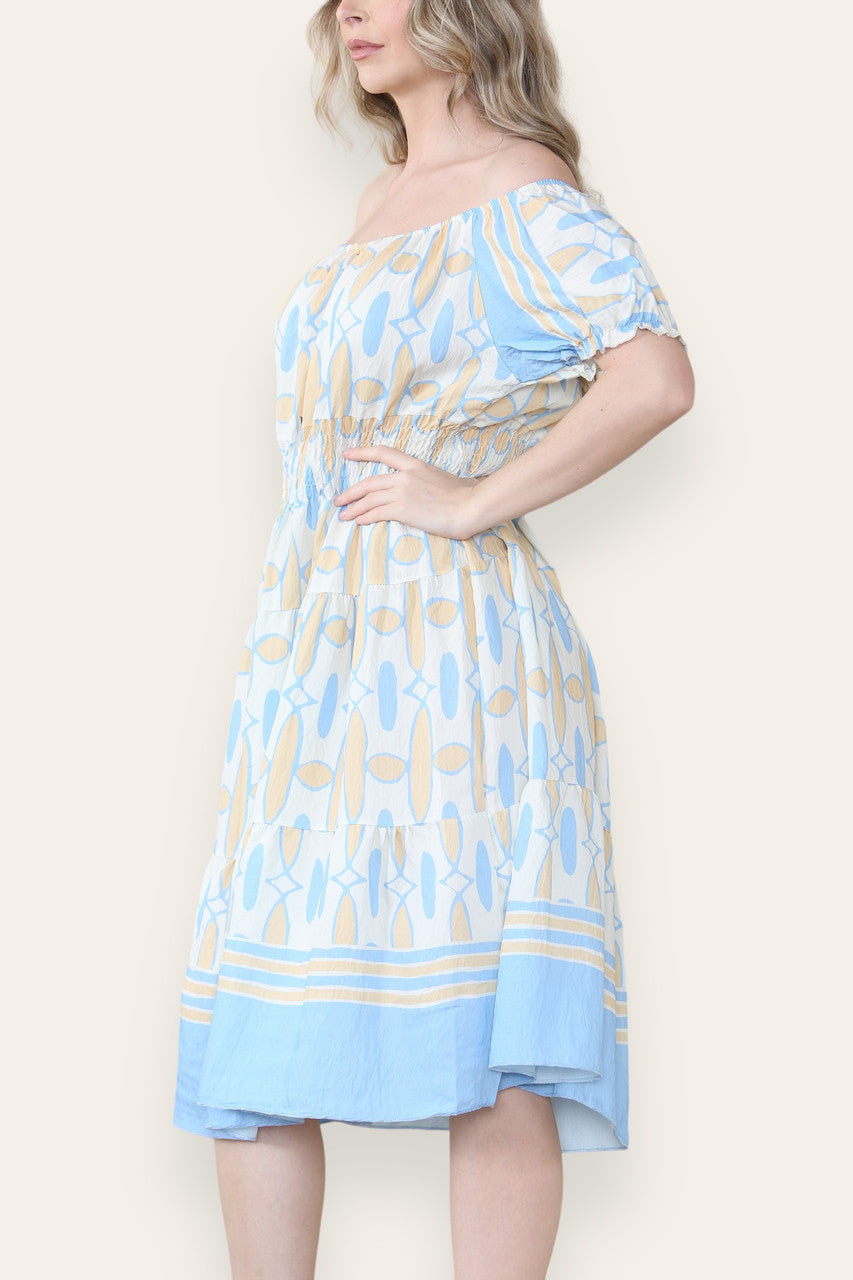ART DECO PRINT MIDI MAGIC JURK LICHTBLAUW