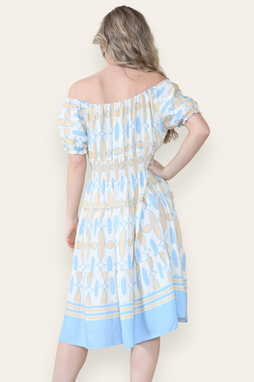 ART DECO PRINT MIDI MAGIC JURK LICHTBLAUW