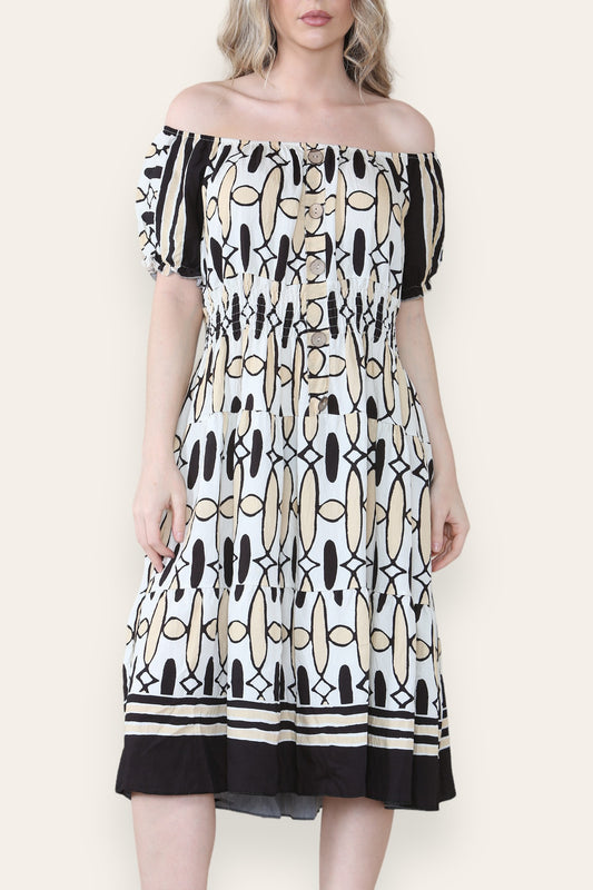 ART DECO PRINT MIDI MAGIC DRESS BLACK