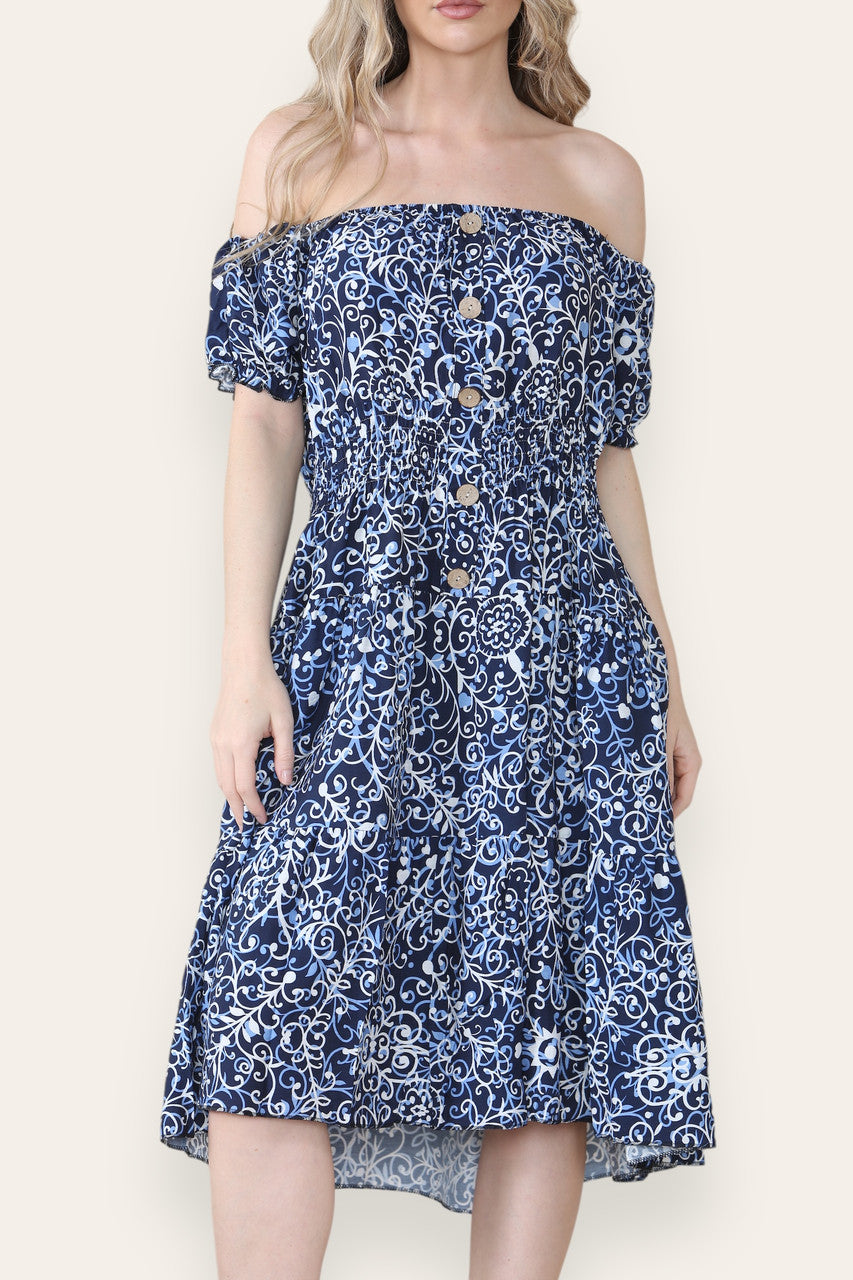 SWIRL PRINT MIDI DRESS NAVY