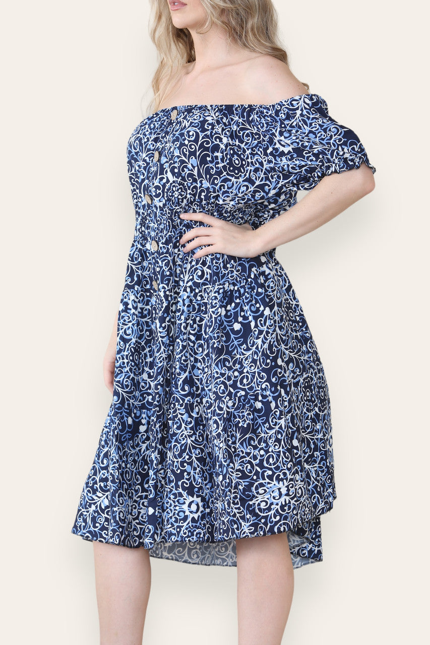SWIRL PRINT MIDI DRESS NAVY