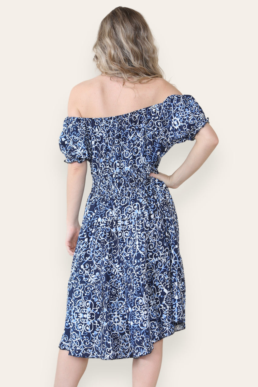 SWIRL PRINT MIDI DRESS NAVY