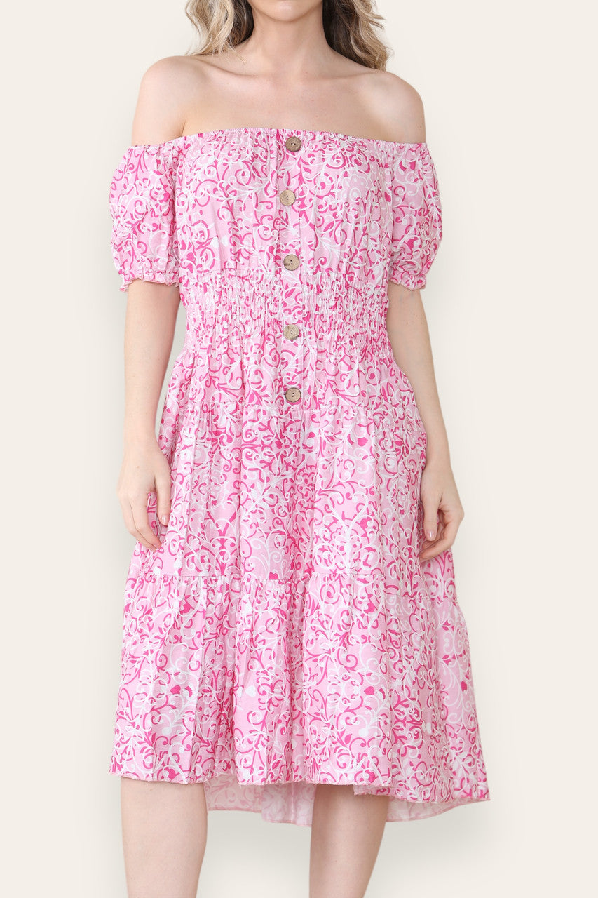 SWIRL PRINT MIDI JURK ROZE
