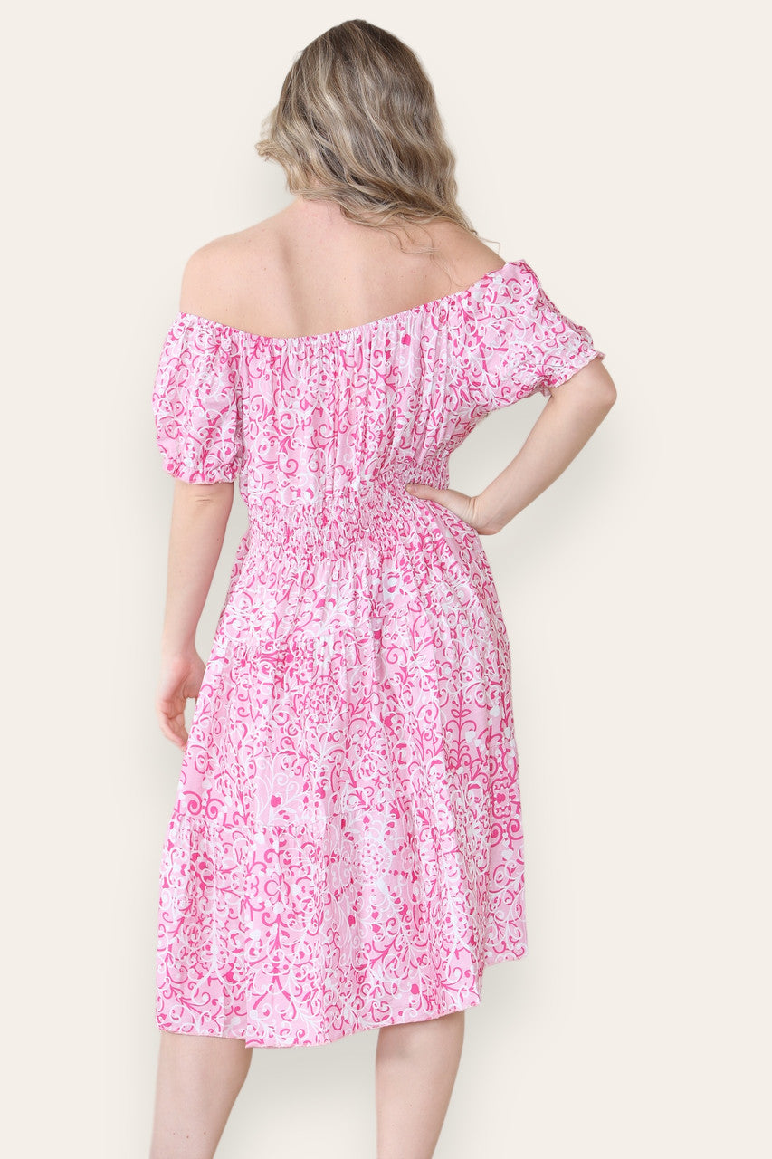 SWIRL PRINT MIDI JURK ROZE