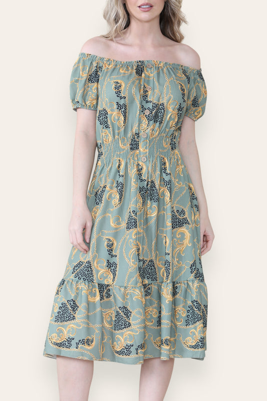 BAROQUE CHAIN PRINT MIDI DRESS KHAKI