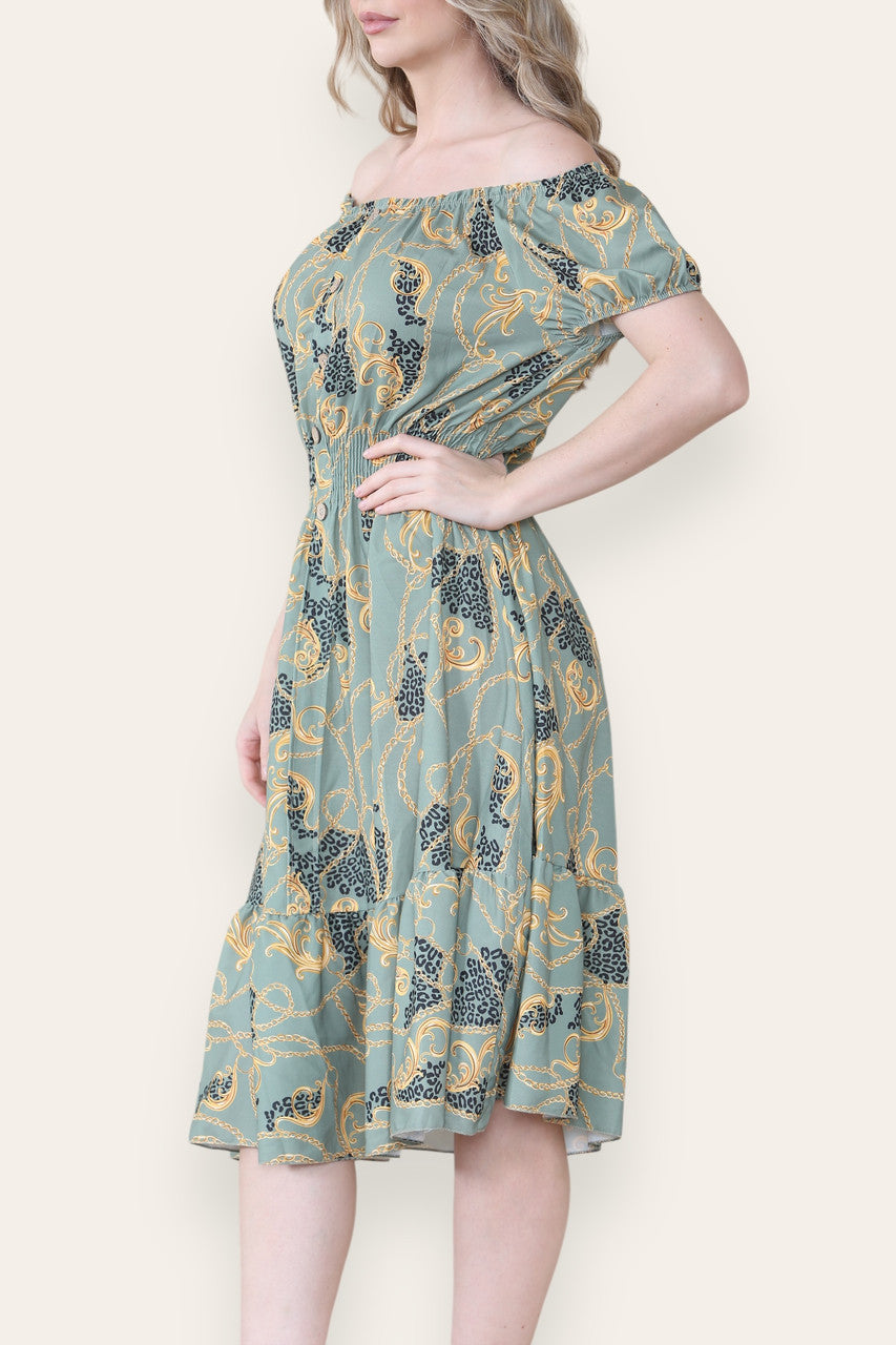 BAROQUE CHAIN PRINT MIDI DRESS KHAKI