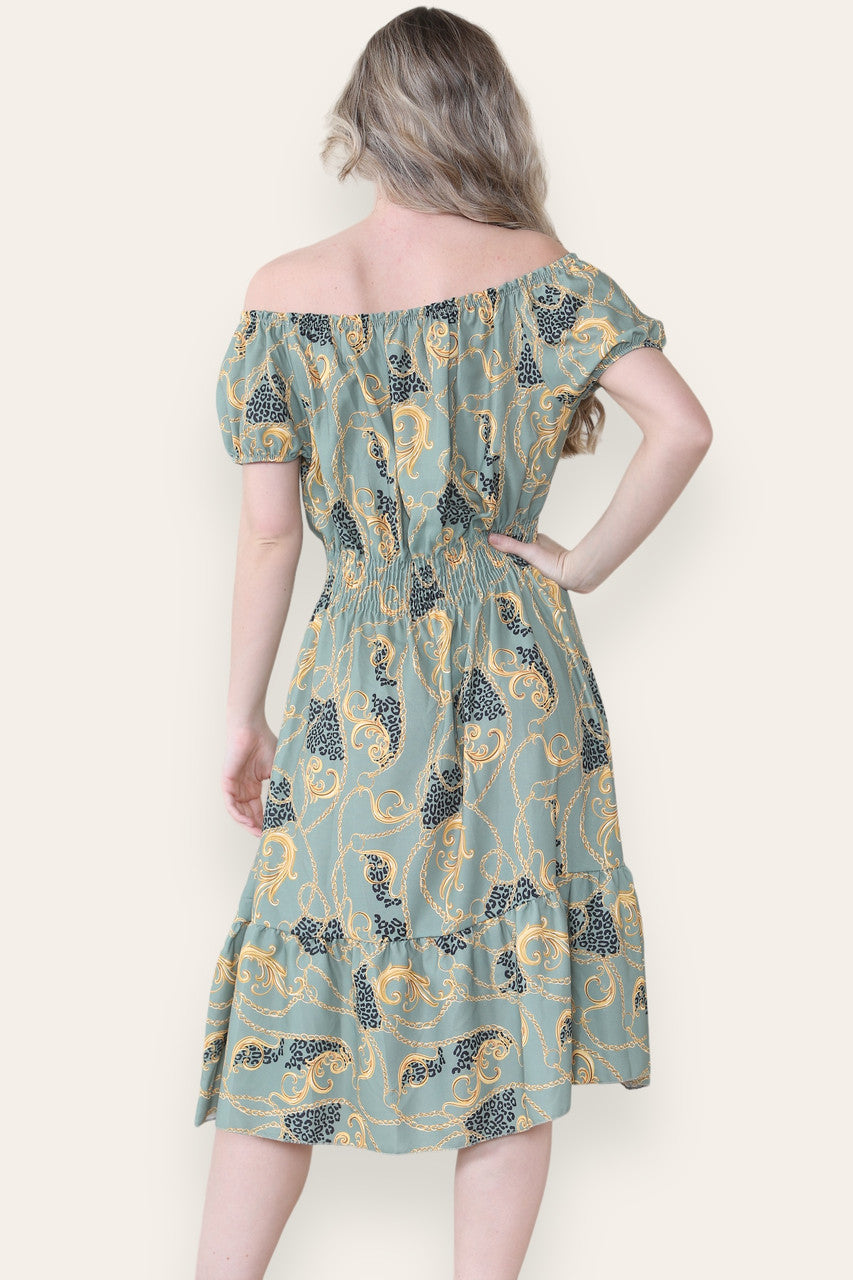 BAROQUE CHAIN PRINT MIDI DRESS KHAKI