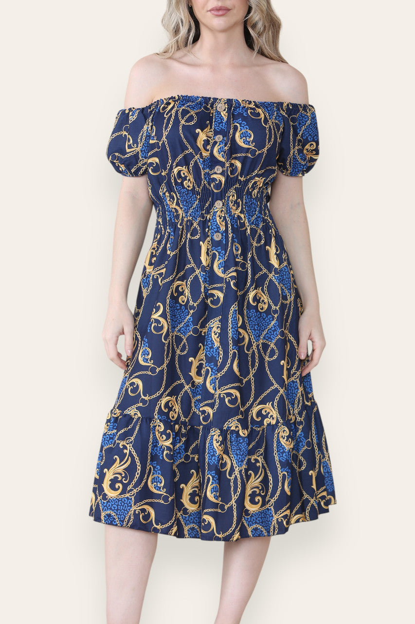 BAROQUE CHAIN PRINT MIDI DRESS NAVY