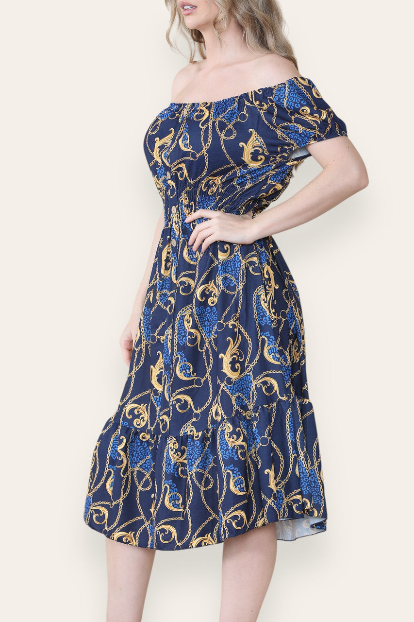 BAROQUE CHAIN PRINT MIDI DRESS NAVY