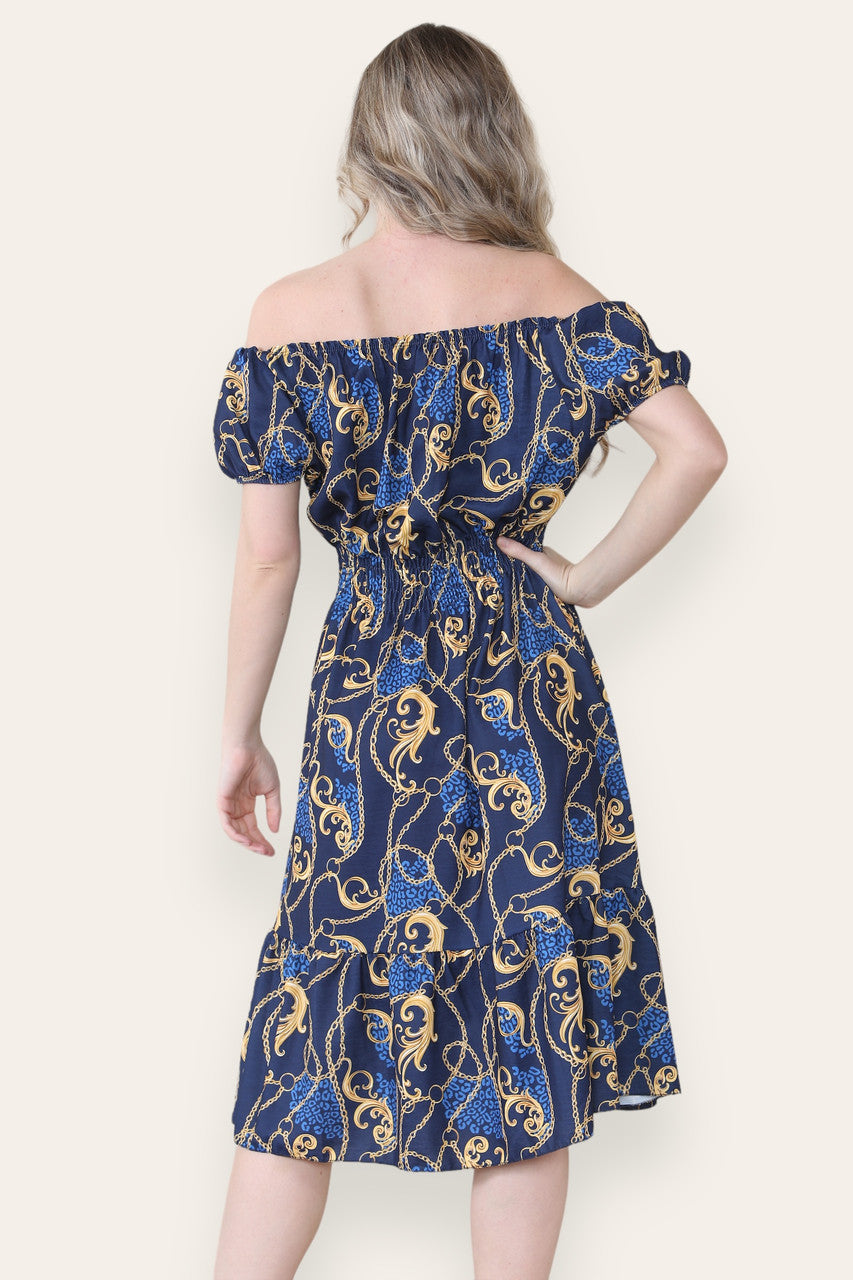 BAROQUE CHAIN PRINT MIDI DRESS NAVY