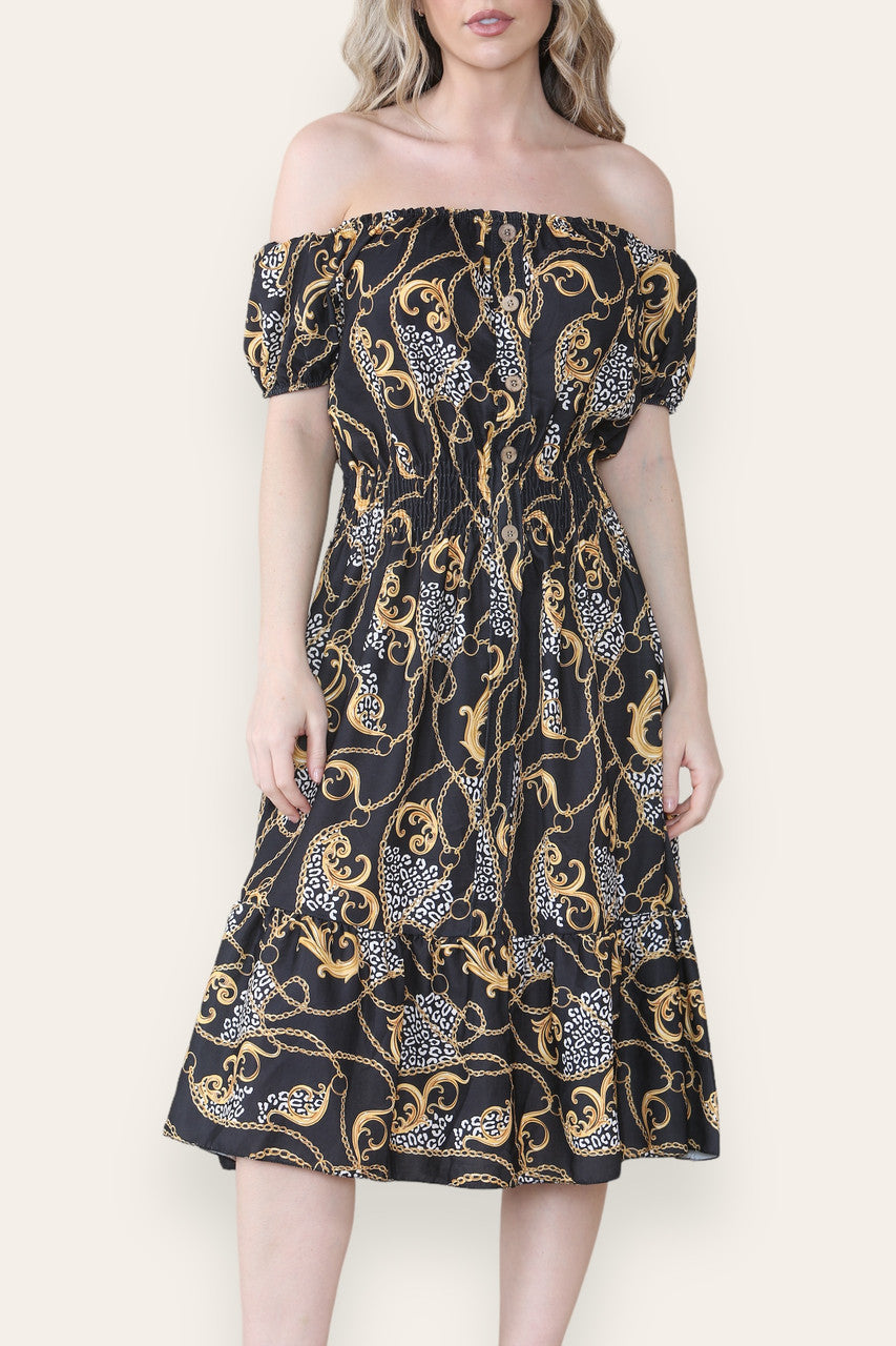BAROQUE CHAIN PRINT MIDI DRESS BLACK