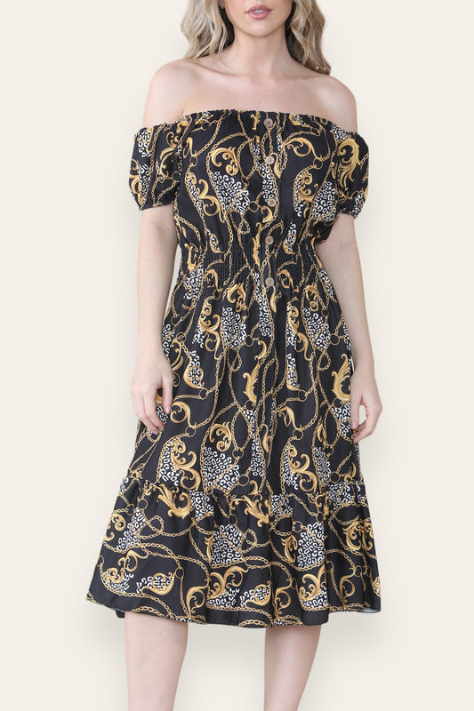 BAROQUE CHAIN PRINT MIDI DRESS BLACK