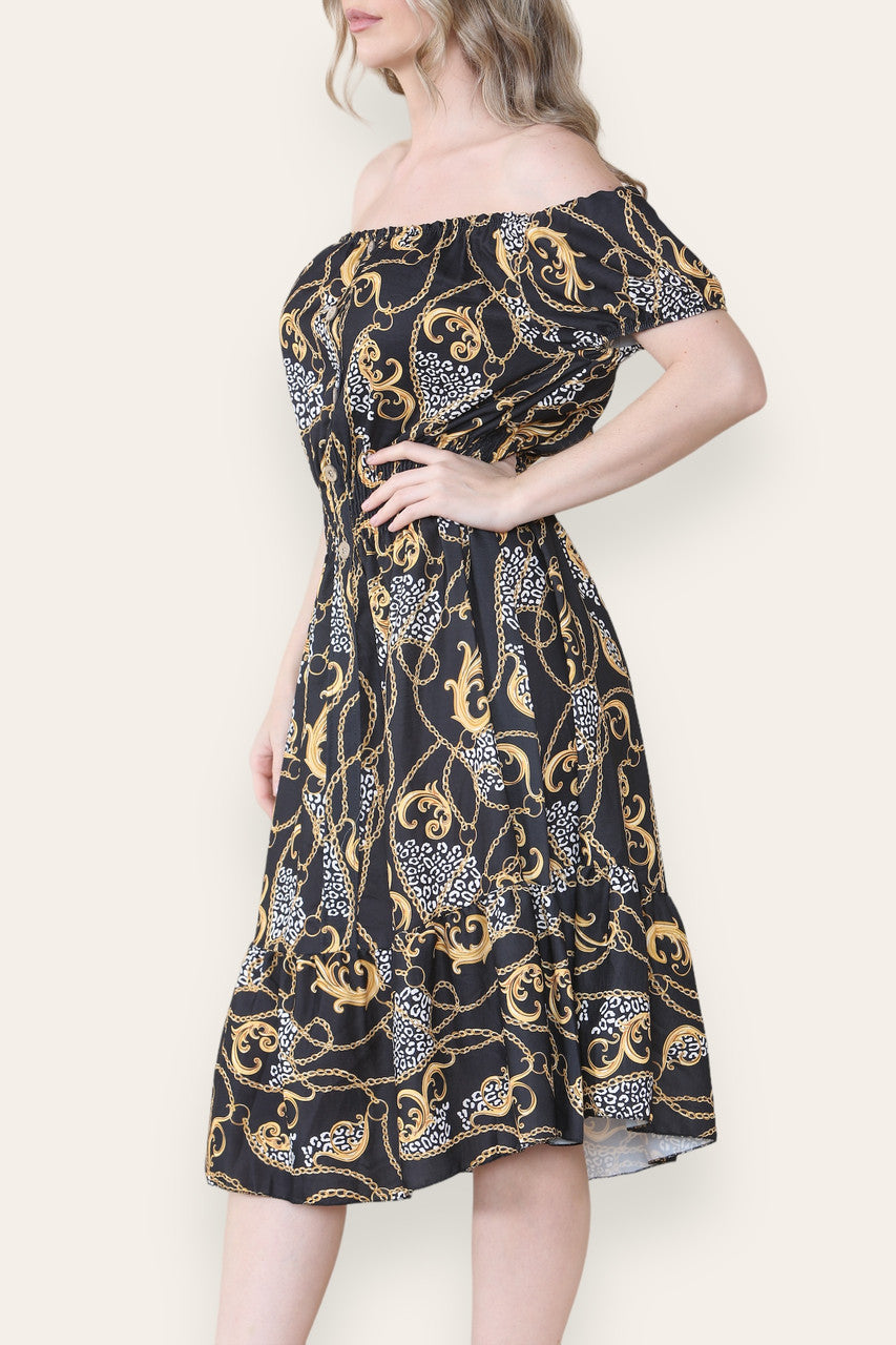 BAROQUE CHAIN PRINT MIDI DRESS BLACK