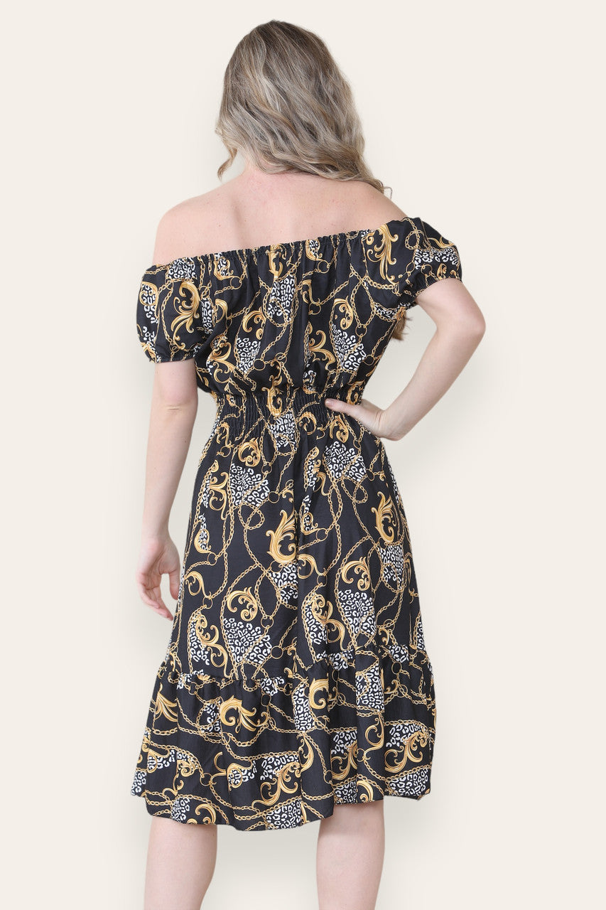 BAROQUE CHAIN PRINT MIDI DRESS BLACK