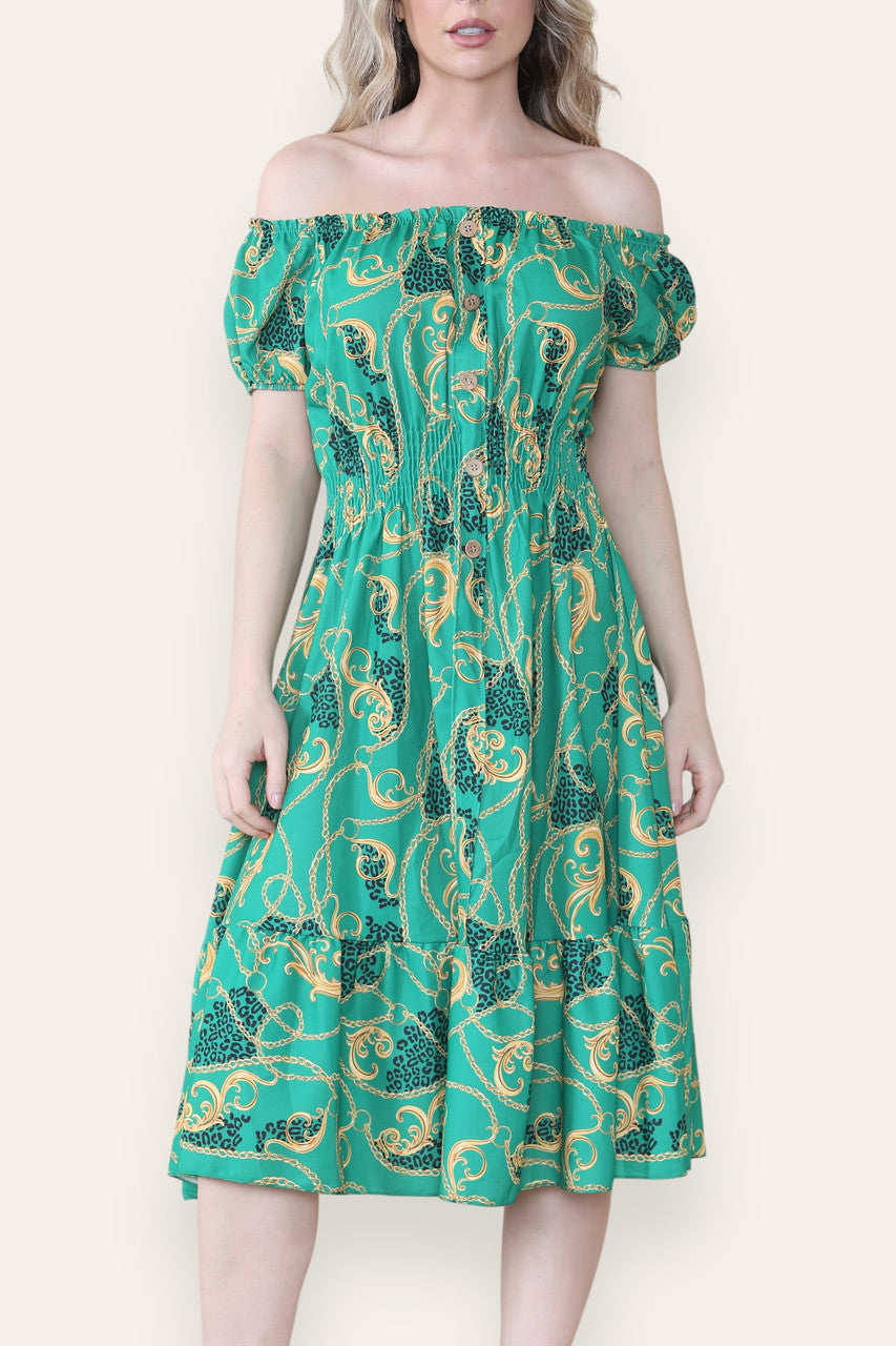 BAROKKE KETTINGPRINT MIDI JURK GROEN