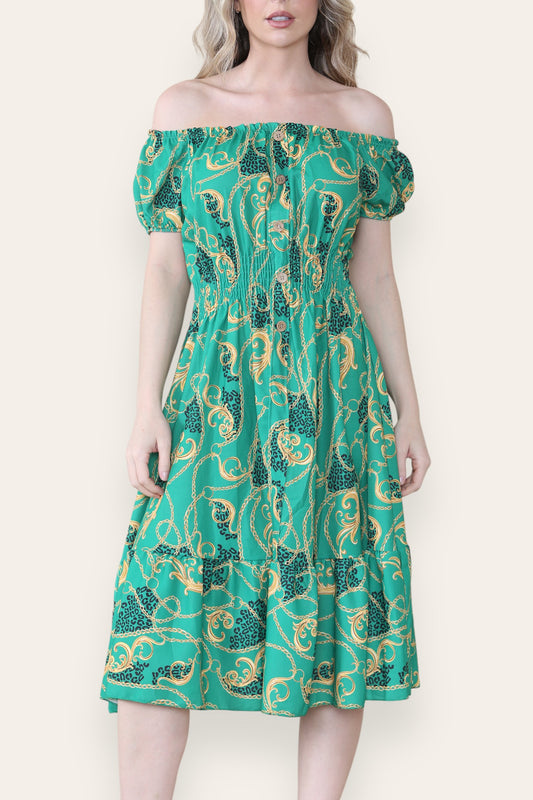 BAROQUE CHAIN PRINT MIDI DRESS GREEN