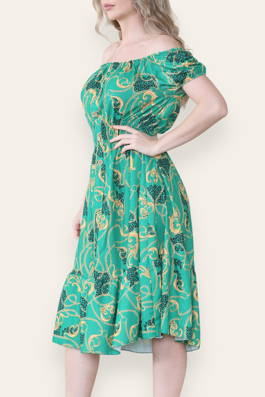 BAROKKE KETTINGPRINT MIDI JURK GROEN