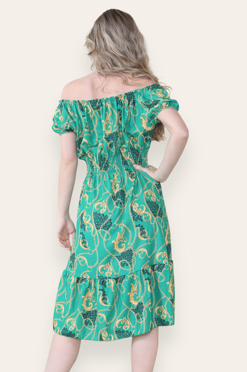 BAROKKE KETTINGPRINT MIDI JURK GROEN
