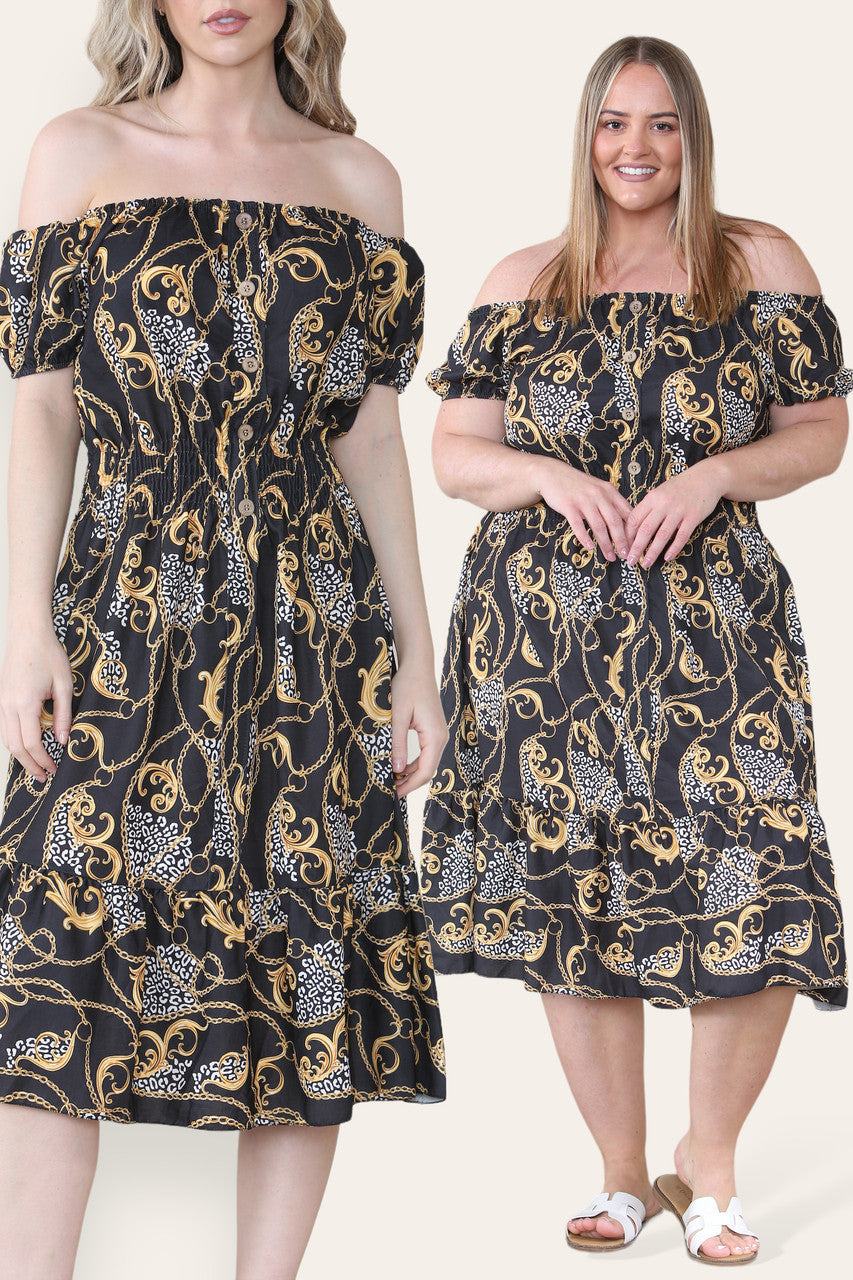 BAROQUE CHAIN PRINT MIDI DRESS BLACK