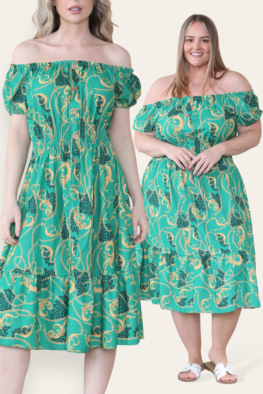 BAROKKE KETTINGPRINT MIDI JURK GROEN