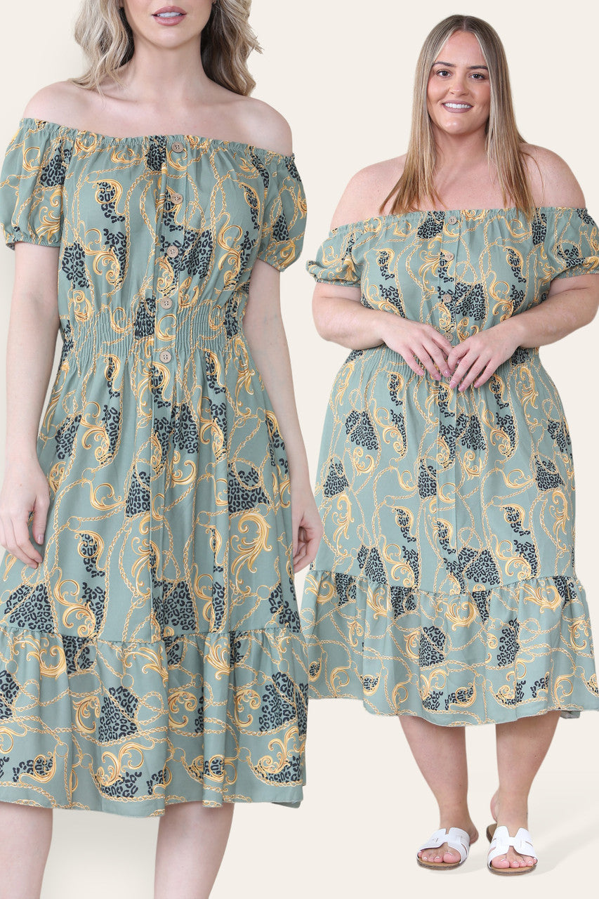 BAROQUE CHAIN PRINT MIDI DRESS KHAKI