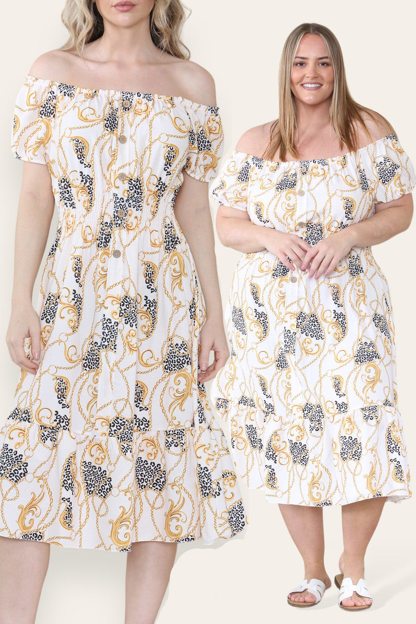 BAROQUE CHAIN PRINT MIDI DRESS CREAM