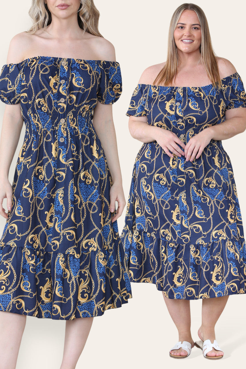 BAROQUE CHAIN PRINT MIDI DRESS NAVY