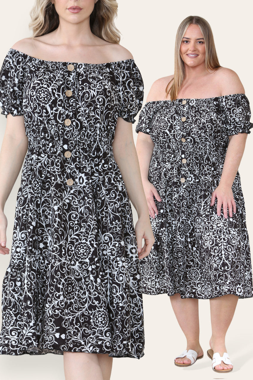 SWIRL PRINT MIDI DRESS BLACK