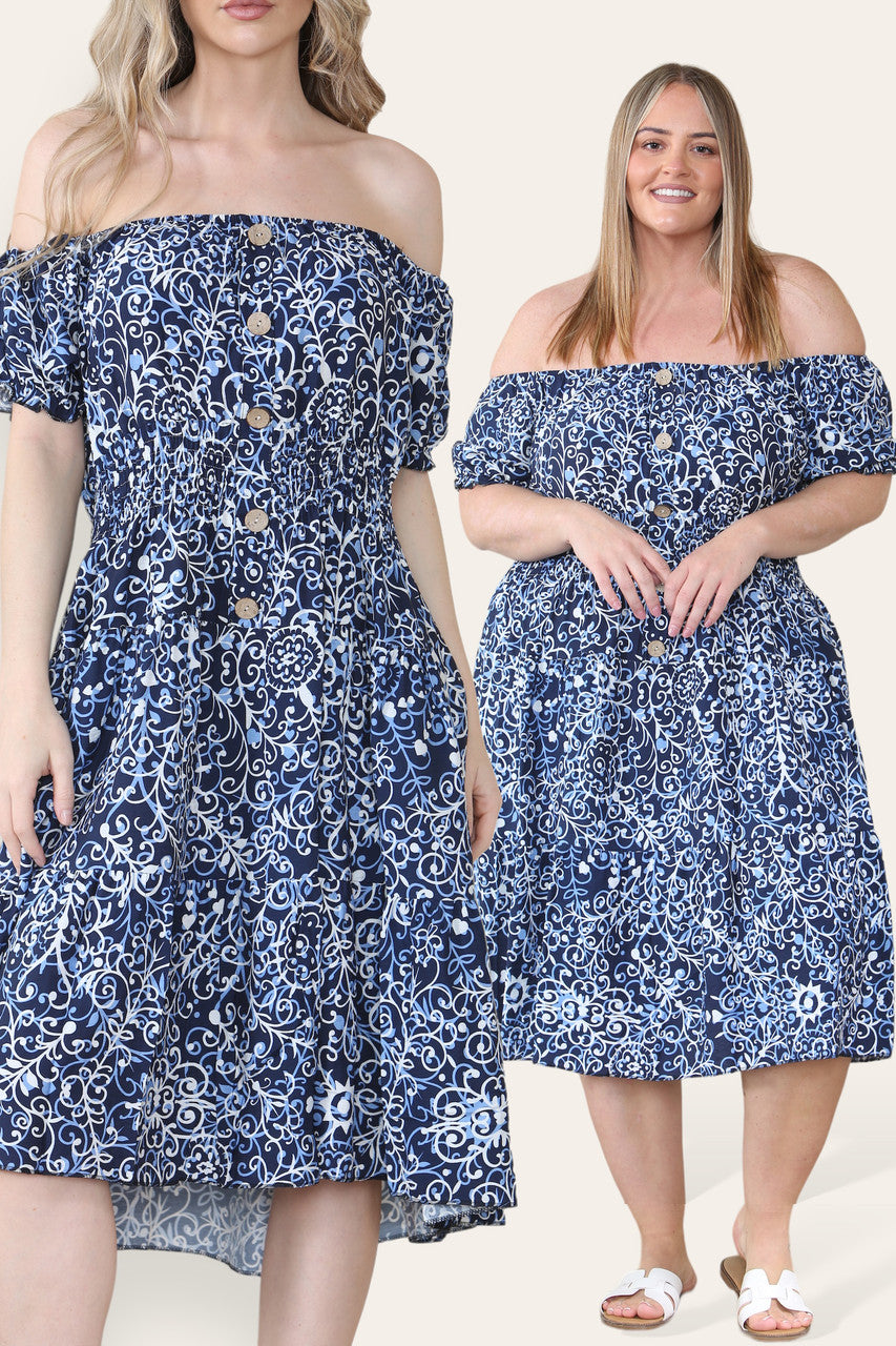 SWIRL PRINT MIDI DRESS NAVY
