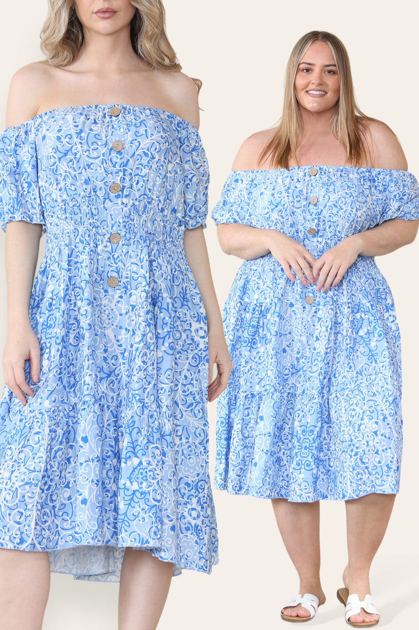 SWIRL PRINT MIDI DRESS LIGHT BLUE