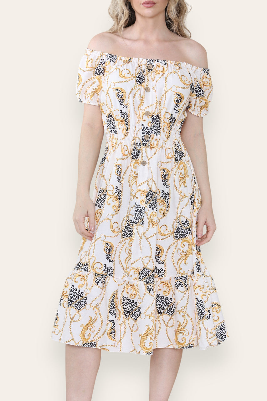 BAROQUE CHAIN PRINT MIDI DRESS CREAM