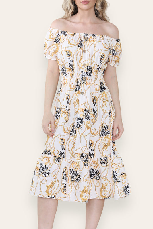 BAROQUE CHAIN PRINT MIDI DRESS CREAM