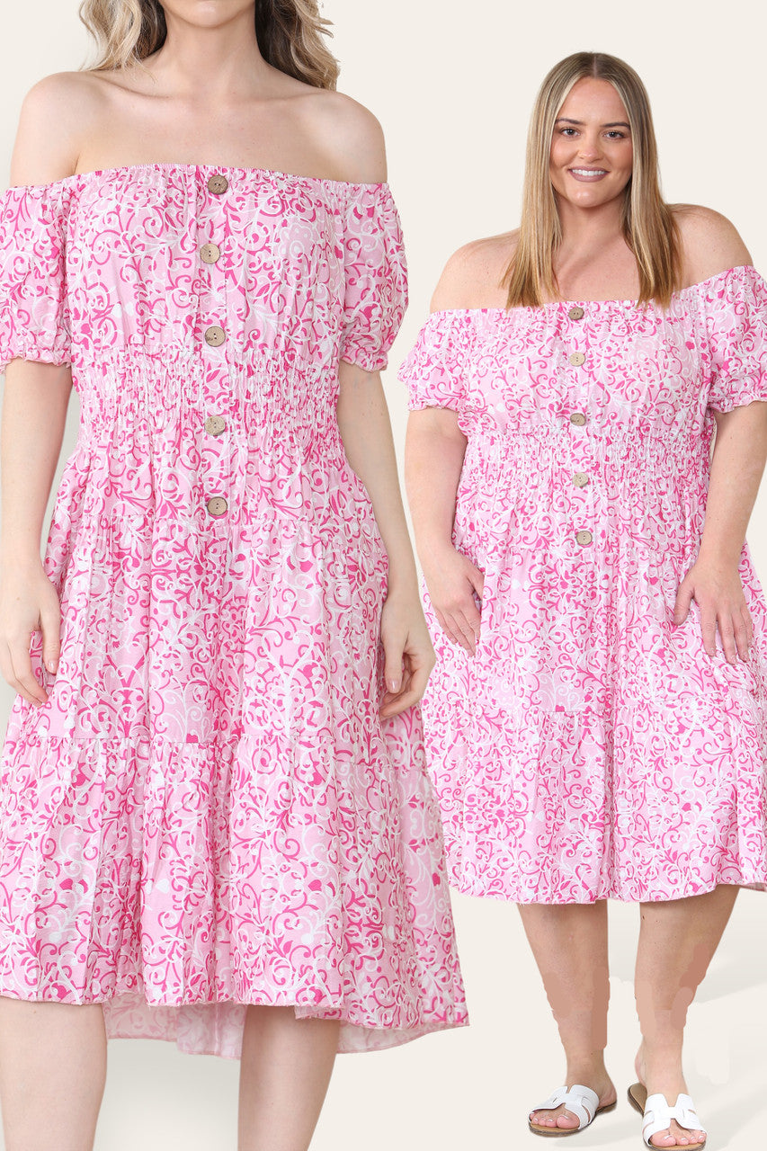 SWIRL PRINT MIDI JURK ROZE