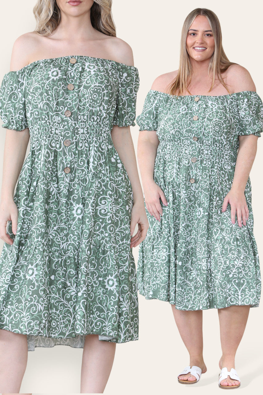 MIDI JURK MET SWIRL PRINT KHAKI